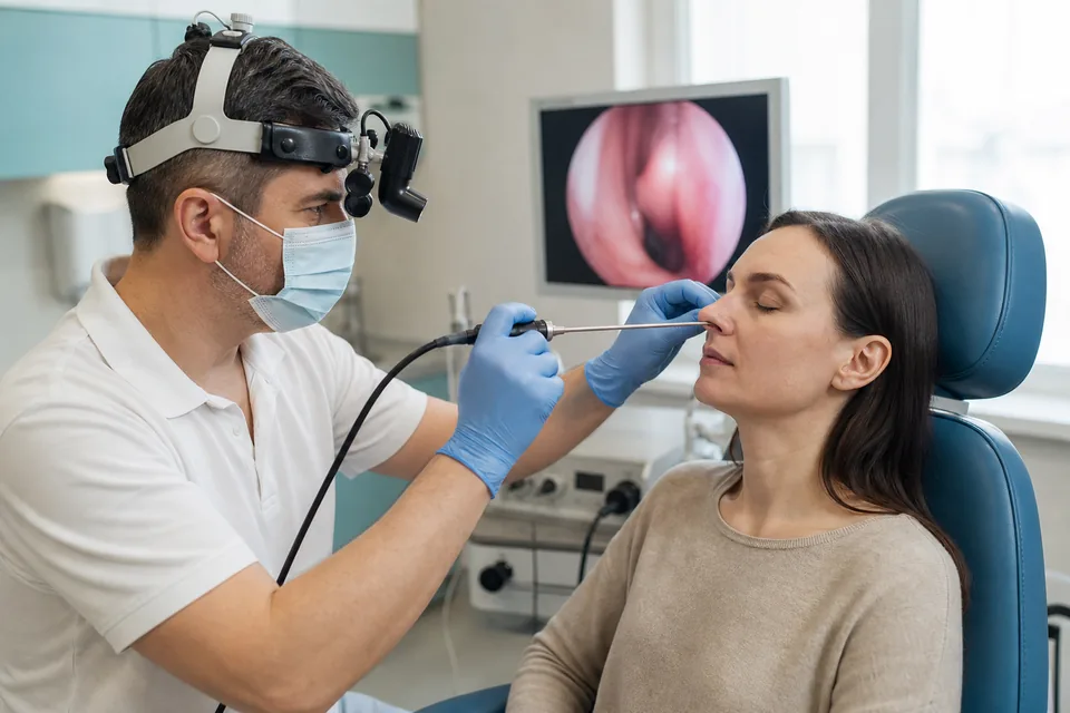 Laryngolog bada nos pacjentki endoskopem podczas kwalifikacji do septoplastyki